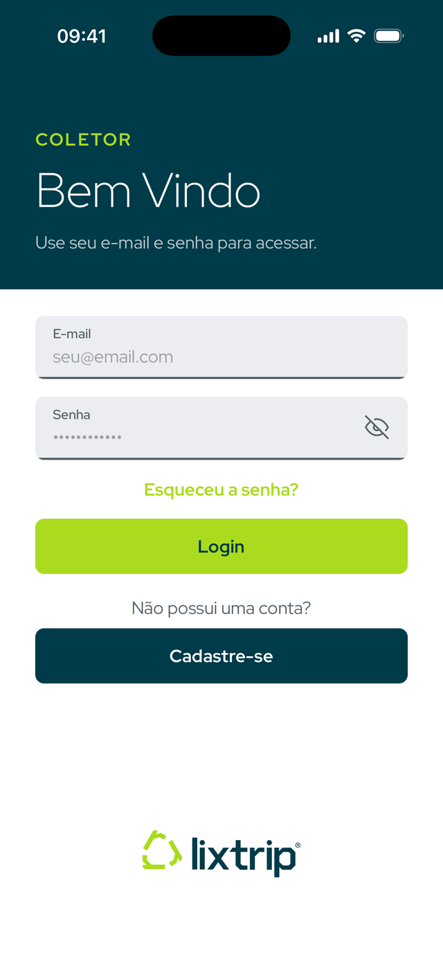 App Lixtrip Coletor — tela de acesso